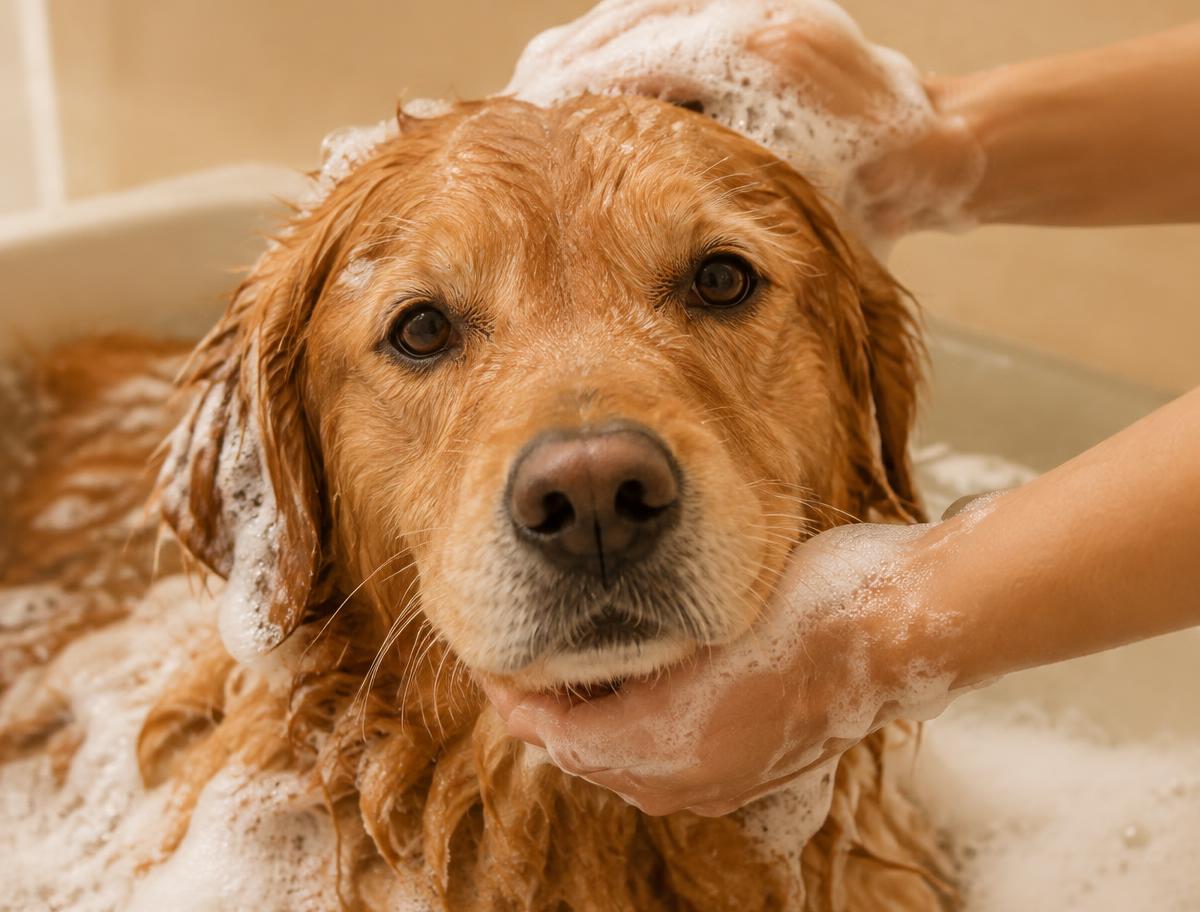 Cão a tomar banho com espuma