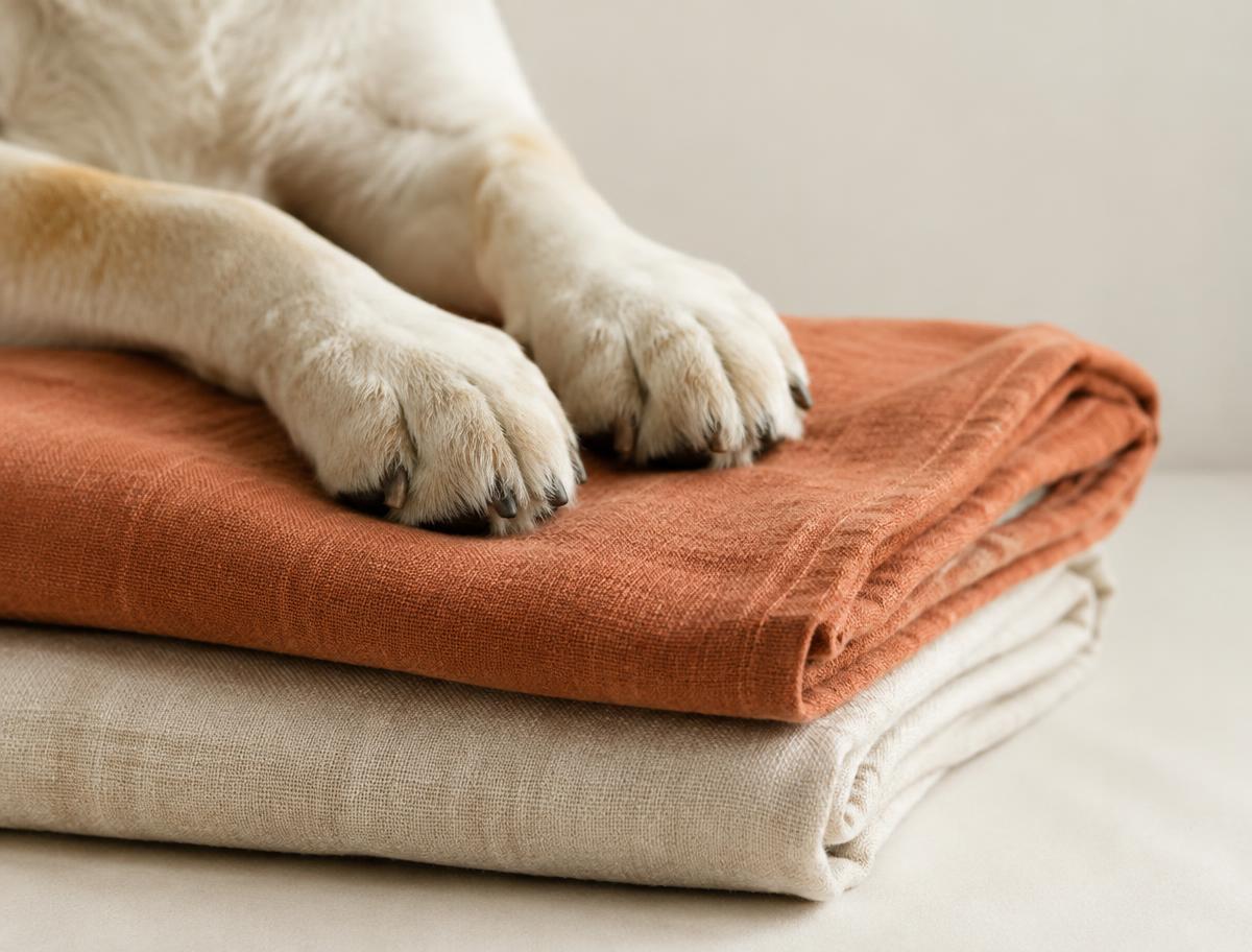 Patas de cão sobre toalhas dobradas